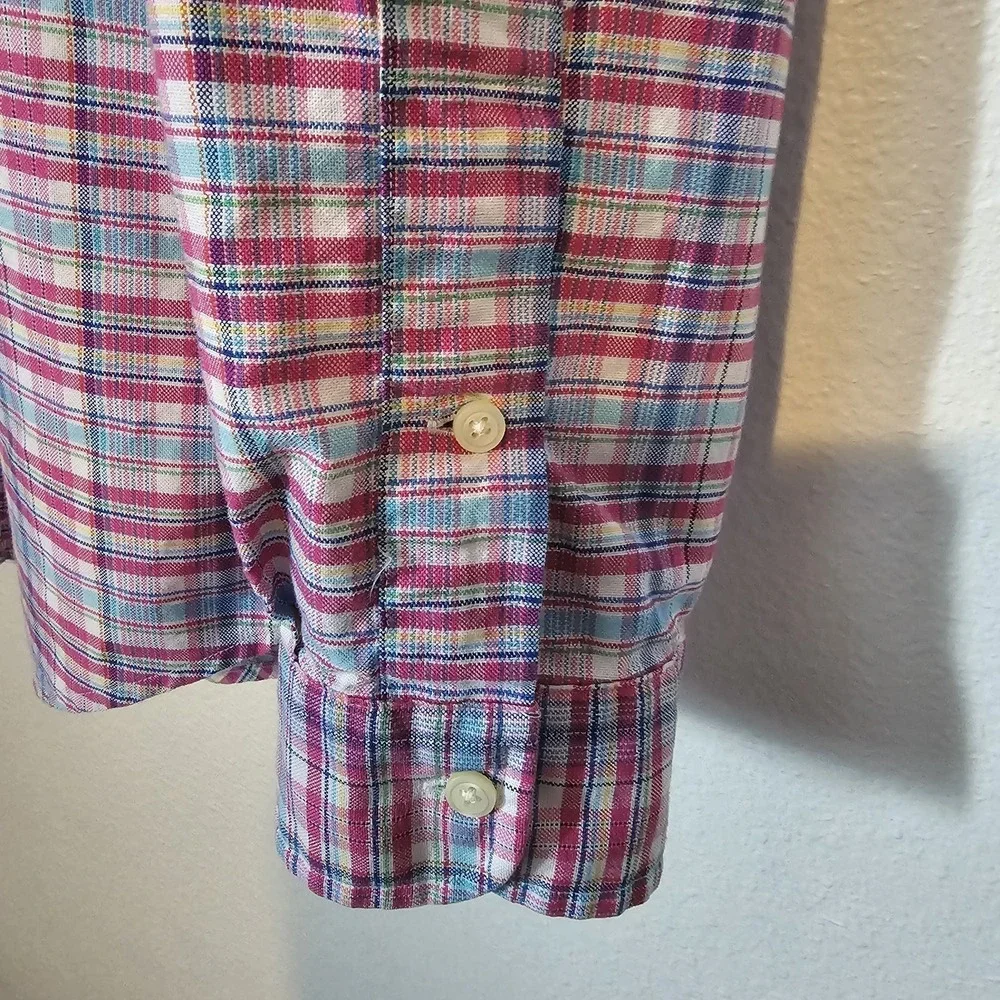 Ralph Lauren Blue and Pink Plaid‎ Longsleeve Button Front Polo Men's Size Large